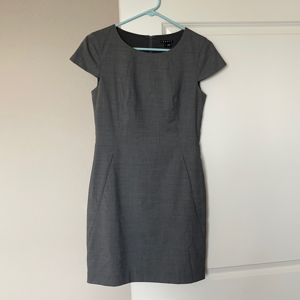 Theory Rikae Cap Sleeve Work Sheath Shift Dress Gray Wool